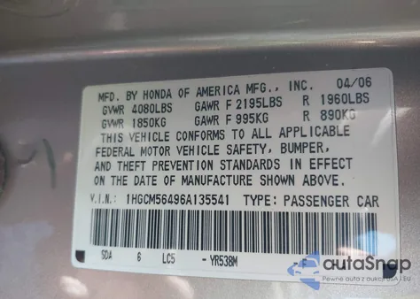 2006 Honda Accord 2.4 Lx from USA, damaged, VIN 1HGCM56496A135541